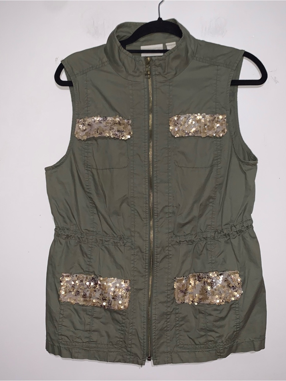 Chico's Olive Utility Vest with Gold Sequin Pockets size 1